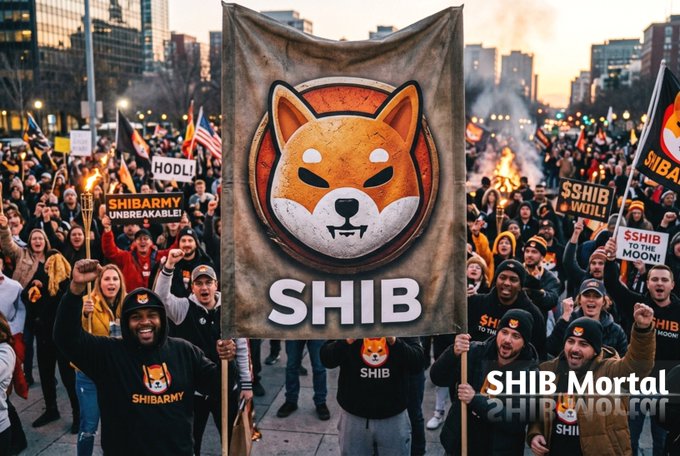 An AI-generated image of a large 'SHIBARMY' crowd protest featuring Shiba Inu logos and a central 'SHIB Mortal' banner.