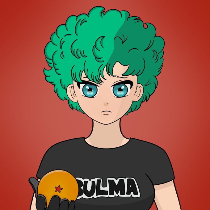 An anime-style character with curly teal hair and blue eyes wears a 'BULMA' t-shirt and holds a glowing orange Dragon Ball on a red background.
