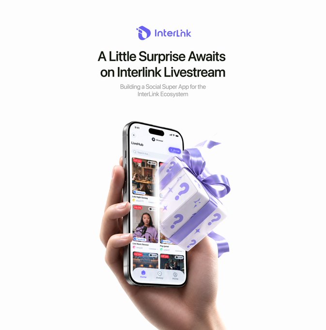 An InterLnk promotional graphic titled 'A Little Surprise Awaits on Interlnk Livestream,' subtitled 'Building a Social Super App for the InterLnk Ecosystem,' showing a hand holding a smartphone displaying the LiveHub app alongside a gift box with a purple ribbon.