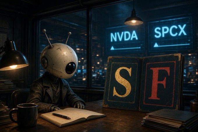 An AI-generated image of a robot wearing a leather jacket sitting at a desk with an open book displaying the letters 'S' and 'F', with neon signs reading 'NVDA' and 'SPCX' in the background.
