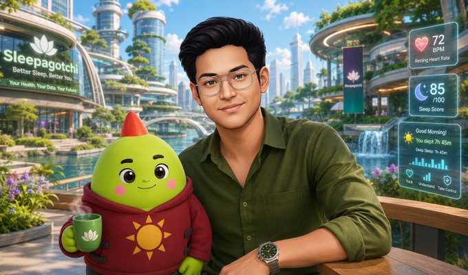 A digital illustration of a man with glasses in a green shirt next to a green mascot character in a hoodie, with 'Sleepagotchi' branding and health metrics displayed (72 BPM, 85/100 Sleep Score).