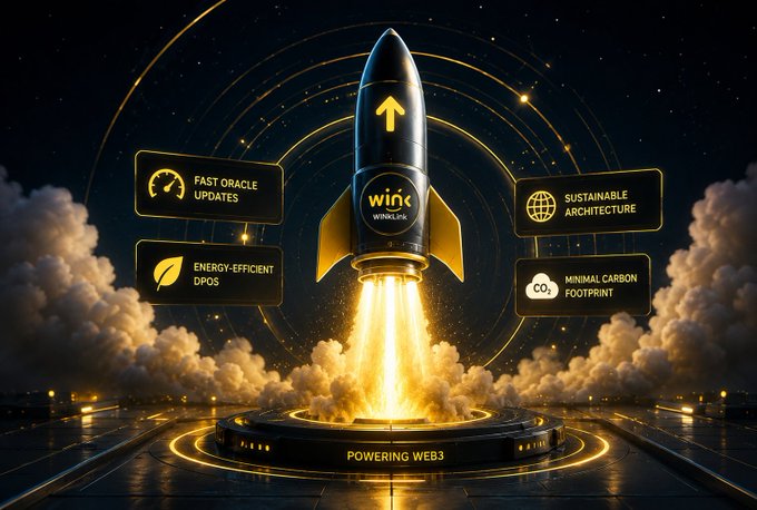 A rocket emblazoned with the "WINkLink" logo launches skyward amid golden smoke, surrounded by feature labels including "FAST ORACLE UPDATES," "SUSTAINABLE ARCHITECTURE," "ENERGY-EFFICIENT DPOS," and "MINIMAL CARBON FOOTPRINT," with "POWERING WEB3" displayed on the launchpad beneath it. The rising rocket visually reinforces the post's message of WINkLink's efficient, eco-friendly oracle infrastructure fueling greener Web3 growth.