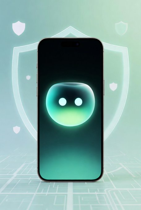 A smartphone with a dark, smiling robot face on its screen, set against a teal background featuring translucent shield icons and a circuit board pattern.