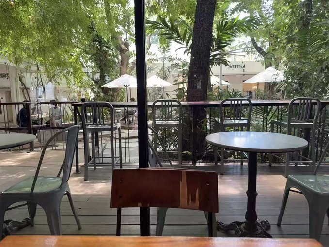 An outdoor cafe patio with metal tables and chairs under lush trees, with white umbrellas and people in the background near a storefront.