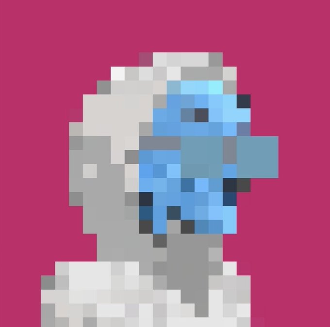 A pixelated character resembling Megaman's Helmet with a blue and gray design on a deep pink/magenta background.