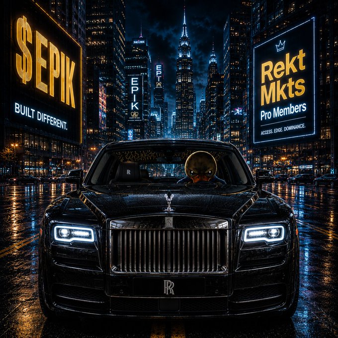 A black Rolls-Royce is parked on a wet city street at night, flanked by illuminated billboards reading '$EPIK BUILT DIFFERENT' and 'Rekt Mkts Pro Members' with skyscrapers in the background.