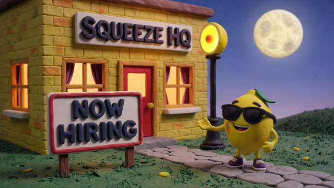 Claymation-style image of a yellow lemon character wearing sunglasses outside a 'Squeeze HQ' building with a 'NOW HIRING' sign and a full moon in the background.