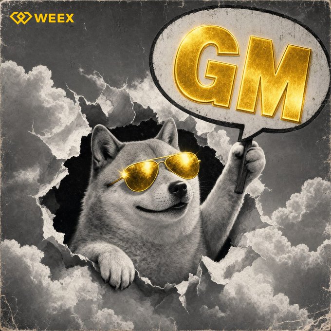 A Shiba Inu dog wearing gold aviator sunglasses breaks through a cloud-filled background to reveal a speech bubble reading "GM," visually embodying the popular crypto greeting "Good Morning" associated with the WEEX brand.
