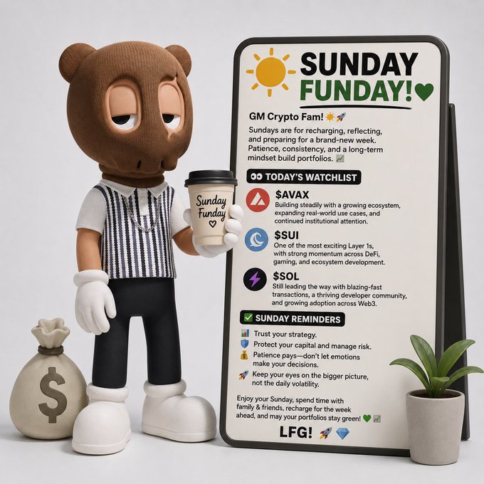 A 3D cartoon bear in a striped vest holding a coffee cup next to a phone displaying a 'Sunday Funday' message about crypto, with a watchlist featuring $AVAX, $SUI, and $SOL.