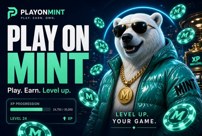 Promotional graphic for 'PLAYONMINT' featuring a polar bear wearing sunglasses and a teal jacket surrounded by 'M' tokens.