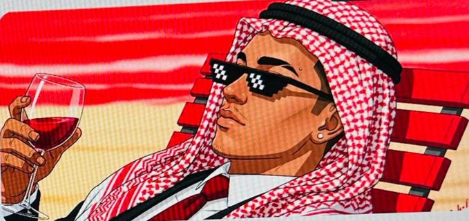 The image features an Arab man wearing a red and white headscarf with sunglasses resting his head on a wooden chair while holding a glass of wine. The background shows a beach scene with waves crashing onto the shore, creating a relaxing atmosphere for the man as he enjoys his drink.
