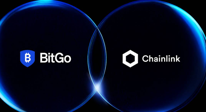 The image displays the logos of BitGo and Chainlink within two glowing blue circular frames that visually merge, symbolizing their partnership. This aligns with the post announcing BitGo's migration of over $7.3 billion in Wrapped Bitcoin (WBTC) to Chainlink's CCIP infrastructure.