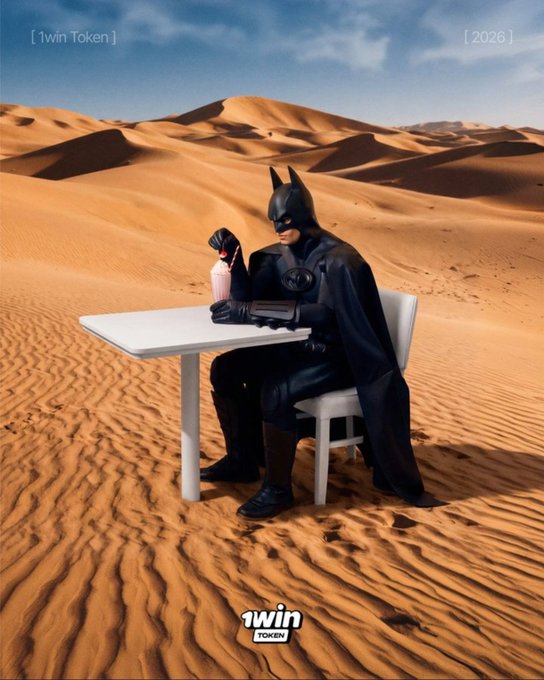 A promotional image showing Batman sitting at a white table in a desert landscape, drinking from a bottle. Text reads '[1win Token]', '[2026]', and '1WIN TOKEN'.