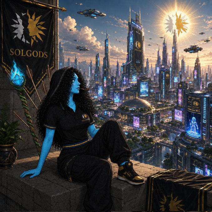 Digital artwork featuring a blue-skinned character with long dark hair wearing black 'SOLGODS' apparel, sitting on a stone ledge overlooking a futuristic cityscape with flying vehicles and a large 'SOL' sun logo.