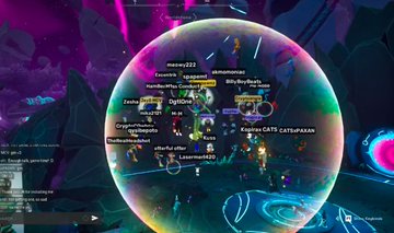 The image shows a screenshot of an online game called "Battle Arena" displayed on the left side. There are many players with different profiles, including names like "Kasrin Gats", "Cattsupan", "Djunkyard", and "Zeeble". Some players have their scores listed in the top center area of the screen, while others' scores can be seen in the bottom center section. The game is located on a virtual planet or space, which appears to be colorful and vibrant.