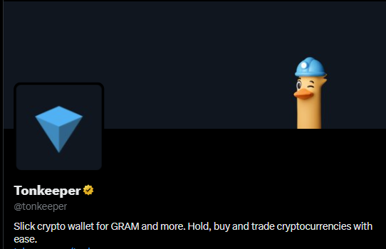 The image shows the Tonkeeper crypto wallet profile, featuring its blue diamond logo and a smiling duck mascot wearing a hard hat, with a verified badge and the handle @tonkeeper, accompanied by the tagline "Slick crypto wallet for GRAM and more. Hold, buy and trade cryptocurrencies with ease." This aligns with the celebratory post "golden times ahead for Tonkeeper," with the hard hat and hat-wearing emoji suggesting construction or building toward a prosperous future.