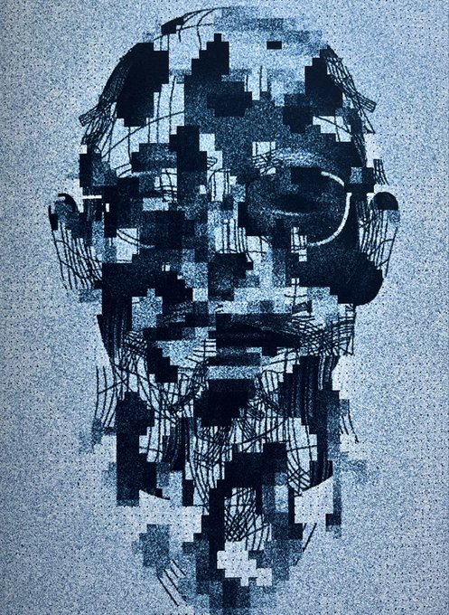 A stylized pixelated portrait of a man's face rendered in blue and black tones with a textured, digital glitch aesthetic.