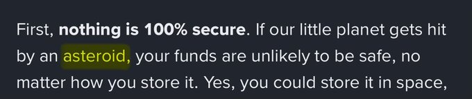 The image shows a highlighted text passage reading "nothing is 100% secure... asteroid... your funds are unlikely to be safe," appearing to come from an article discussing cryptocurrency storage risks, with "nothing is 100% secure" and "asteroid" emphasized in bold yellow. The accompanying post suggests CZ referenced the "$asteroid" token by highlighting these specific words from the article, humorously connecting the literal word "asteroid" to a memecoin ticker.