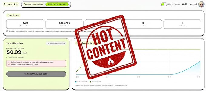A dashboard interface labeled 'Allocation' shows earnings stats including 4.09 network points and $1,252,706 uptime points, overlaid with a red 'HOT CONTENT' stamp graphic.