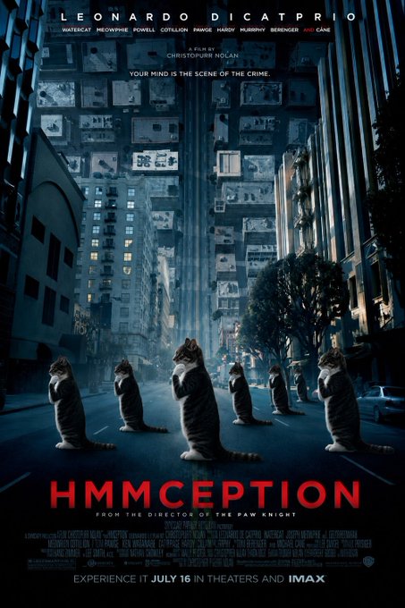 A movie poster parodying *Inception* featuring Leonardo DiCaprio, with five tabby cats standing in a line down an urban street, titled "HMMCEPTION" with the tagline "FROM THE DIRECTOR OF THE RAW KNIGHT" and a July 16 release date. The image humorously ties to the $HMM cryptocurrency by replacing the iconic film imagery with cats and the "$HMM" spelling in the title, suggesting a playful hype post about the token.