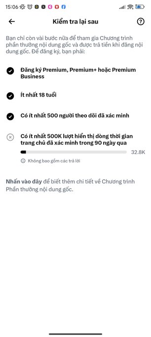 A mobile app screenshot in Vietnamese with the title "Kiểm tra lại sau," showing checkmarks for criteria like having a Premium Business subscription and being at least 18 years old, while a requirement for 500K followers remains unchecked.