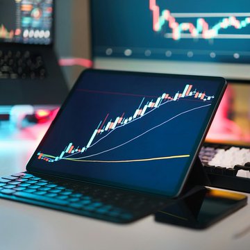 A tablet displaying a candlestick stock chart sits on a desk next to a keyboard, with another monitor showing similar financial charts in the background.