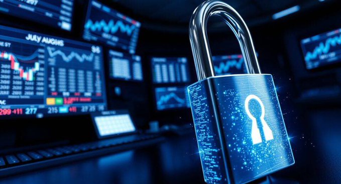 A conceptual image featuring a glowing blue digital padlock in the foreground with stock trading charts and financial data displays on monitors in the background, symbolizing cybersecurity in financial markets.
