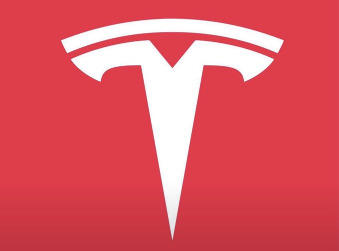 A red Tesla logo is displayed against a red gradient background. The logo, a stylized "T" resembling a sword or cross-section, represents Tesla (TSLA), the company referenced in the post as expanding its unsupervised Robotaxi fleet in Texas.