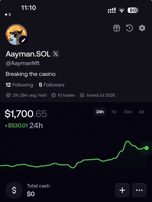 A screenshot of a trading account for "Aayman.SOL" (@AaymanNft) showing a portfolio value of $1,700.65, up $530.01 in 24 hours, with a green chart illustrating the gain that aligns with the post's update on progressing from $1,236 to $1,700 in the "$1,000 to $1,000,000 Challenge."