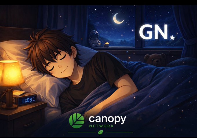 An anime-style illustration of a boy sleeping peacefully in bed at night with a crescent moon visible through the window, a teddy bear beside him, and the text 'GN' and the 'Canopy Network' logo.