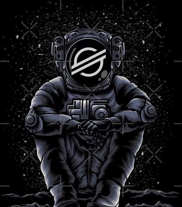 Dark illustration of an astronaut suit with the Stellar cryptocurrency logo displayed on the helmet visor.