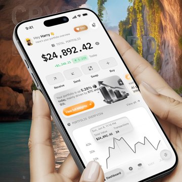 A smartphone displays a cryptocurrency portfolio app showing a balance of $24,892.42 with a 'TOTAL PORTFOLIO' view, portfolio chart, and action buttons for Receive, Send, Swap, and Buy.