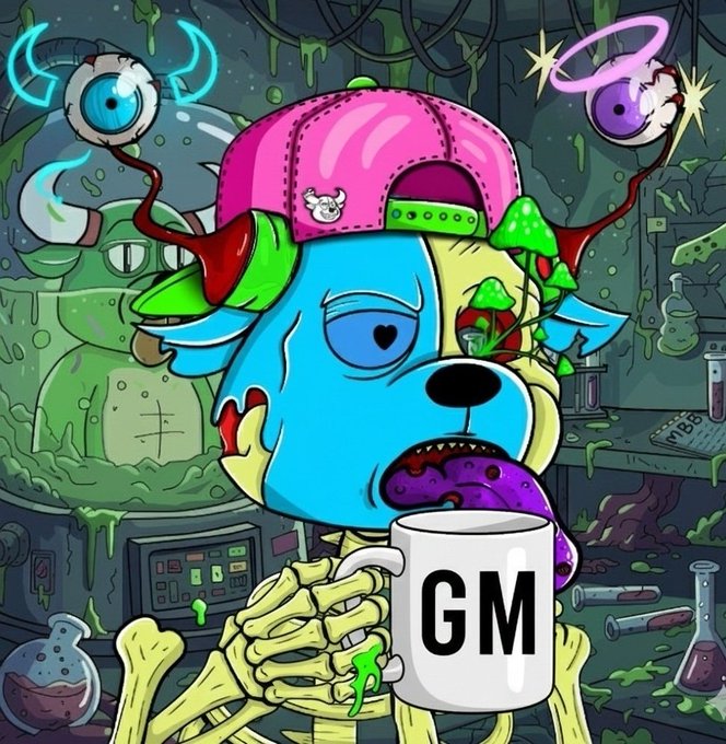A cartoon blue zombie dog wearing a pink cap holds a white mug labeled "GM" amid a lab filled with green slime, beakers, and floating eyeballs, perfectly matching the post's cheerful "GM fam" greeting and its playful nod to SolOnChain with a quirky, on-chain vibe.