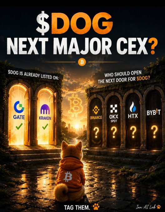 A promotional crypto graphic titled '$DOG NEXT MAJOR CEX?' shows a Shiba Inu dog in a Bitcoin hoodie sitting before lit doorways labeled GATE and KRAKEN (with checkmarks) and four closed doors marked with question marks for BINANCE, OKX, HTX, and BYBIT, asking viewers to tag them.