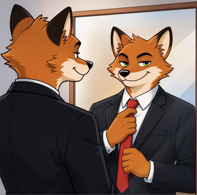 An anthropomorphic fox in a sharp black suit and red tie admires his confident smile in the mirror, embodying the polished, determined spirit of $FOX ready to tackle another week of delivering gains to his community.