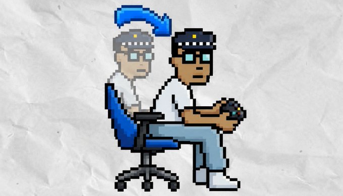 Pixel art illustration on a crumpled paper background showing two figures wearing helmets—one in a chair and another sitting on its back holding a game controller—with a blue arrow indicating movement above them.