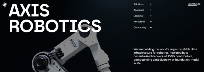 A website header for "AXIS ROBOTICS" features a white robotic arm against a dark background, with navigation menu options for Solutions, Academic, Learning, Resources, and Community, alongside text describing them as "building the world's largest scalable data infrastructure for robotics."