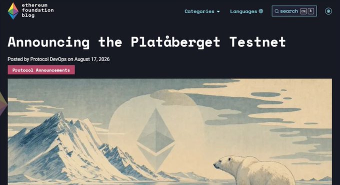 Ethereum Foundation blog post titled 'Announcing the Platåberget Testnet' by Protocol DevOps on August 17, 2026, with an illustration of a polar bear and the Ethereum logo.