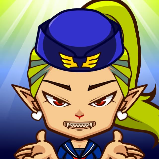 A chibi-style anime character with sharp fangs, pointed ears, heart earrings, and a blue military-style cap with a yellow winged "E" emblem strikes a fierce pose, matching the bold, confrontational tone of the post announcing "GFT GM" and promoting a new NFT adventure on OpenSea/Polygon.