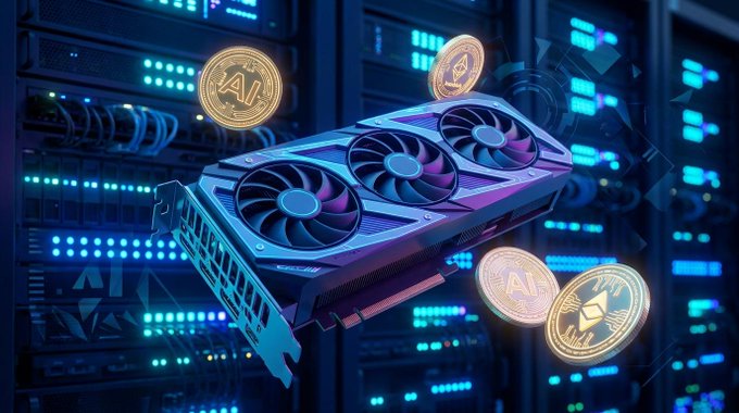 A sleek GPU with glowing triple fans floats amid golden coins marked "AI" and server racks bathed in blue light, visually reinforcing Insoblok's pitch that hardware owners can monetize idle GPUs for passive $INSO rewards.
