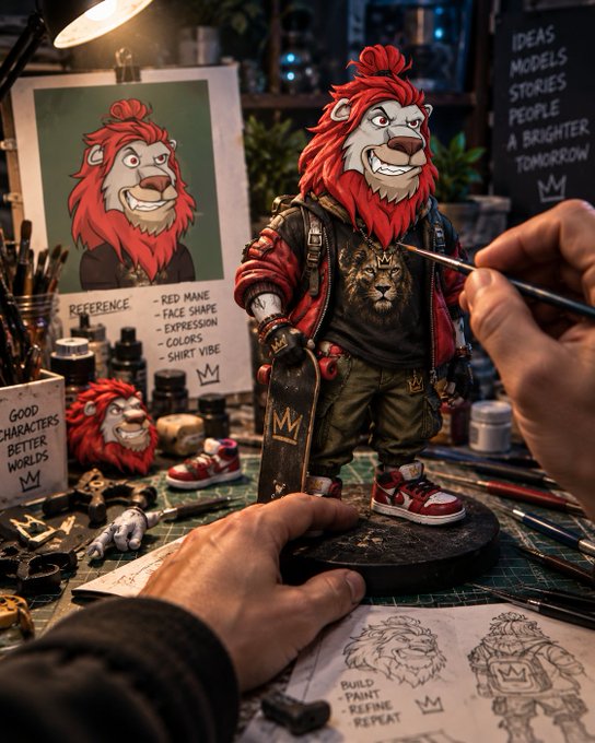 A highly detailed figurine of an anthropomorphic red lion character holding a skateboard, being painted by a person, with reference sketches and paint supplies scattered on a desk.