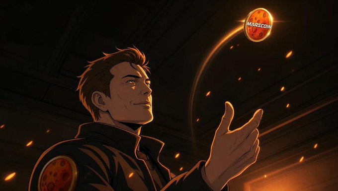 An illustrated comic-style image of a young man with brown hair looking up at a glowing red planet labeled 'MARSCOIN' as it appears in the sky amid sparks.