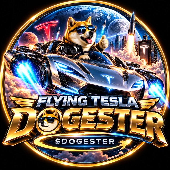 A Shiba Inu wearing sunglasses pilots a futuristic Tesla through space above a city skyline, with bold text reading "FLYING TESLA DOGESTER" and "$DOGESTER" below. The image promotes a cryptocurrency giveaway, visually tying the "$DOGESTER" token branding to the post's request to comment, like, and engage for a chance at the 20 USDT prize.