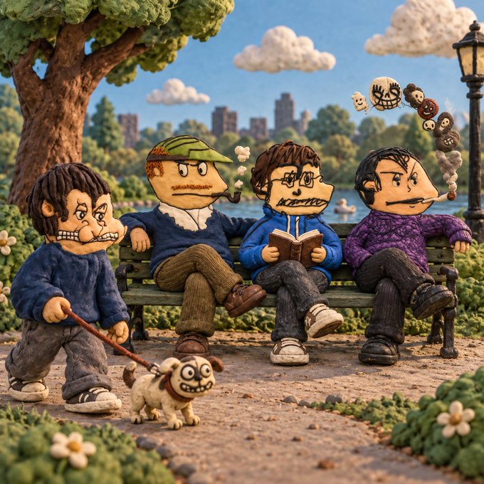 A stop-motion style scene shows four clay figures on a park bench, with one smoking, reading a book, and walking a strange dog.