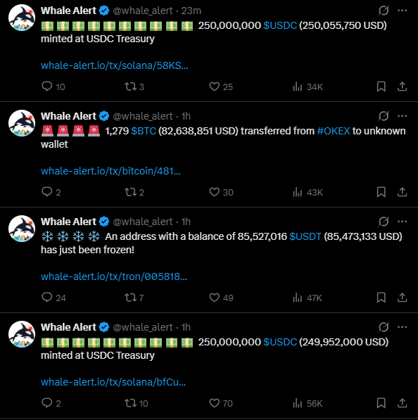 The image shows four tweets from Whale Alert: two announcements of 250,000,000 USDC (totaling ~$500M) minted at the USDC Treasury on Solana, one noting 1,279 BTC ($82.6M) transferred from OKEx to an unknown wallet, and another reporting an address holding 85.5M USDT being frozen. Together, the posts reinforce the caption's question about whether the freshly minted USDC will be deployed to buy Bitcoin or other cryptocurrencies.