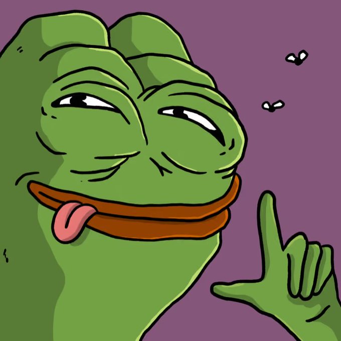A cartoon illustration of Pepe the Frog with a smug, sideways glance, his tongue lolling out, and one finger pointing upward.