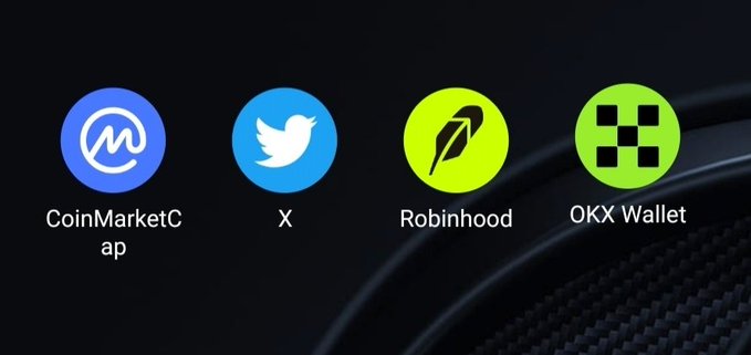 The image displays four circular icons labeled "CoinMarketCap," "X" (Twitter), "Robinhood," and "OKX Wallet" against a dark background, representing the crypto platforms referenced in the post. This visually reinforces the "Green Chain combo" mentioned, as the green-themed icons of Robinhood and OKX Wallet symbolize the "green light" and "green therapy" the author references in sharing positive crypto insights.