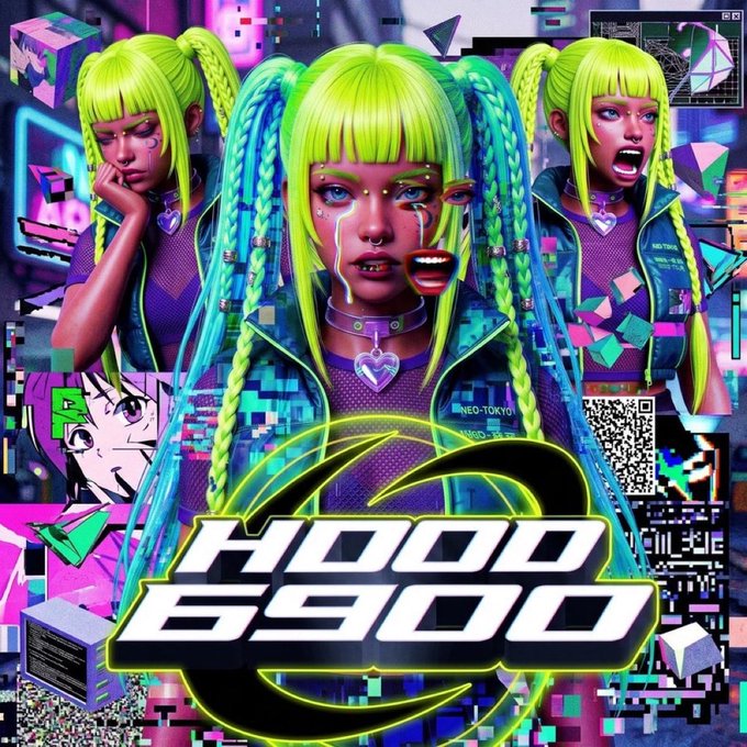 A vibrant cyberpunk-style digital artwork featuring a character with neon green braided pigtails and tears, with 'HOOO 6900' displayed prominently in stylized text at the bottom.