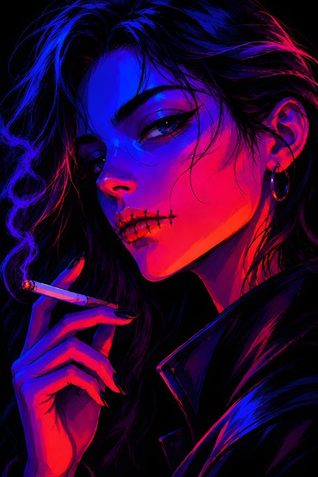 A stylized digital illustration of a woman with dark hair, illuminated by dramatic blue and red lighting, smoking a cigarette with stitched lips and wearing a hoop earring.