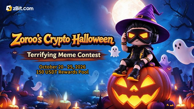 A promotional banner for 'Zoroo's Crypto Halloween' advertised by zBit.com, featuring a cartoon character in a witch hat sitting on a glowing jack-o'-lantern, with event details reading 'Terrifying Meme Contest, October 20-25, 2026, 150 USDT Rewards Pool'.